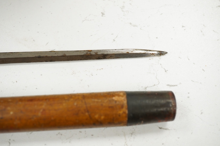 A Victorian silver mounted sword stick, with damascene blade, 90cm in length